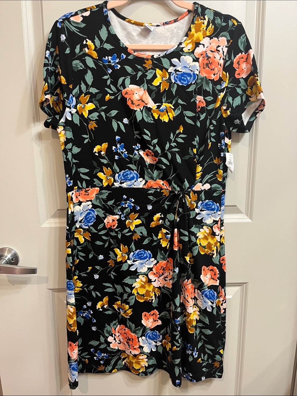 Old Navy Black Floral Twist Front Dress with Blue, Coral & Yellow Blooms